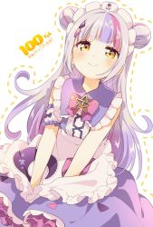 Rule 34 | 1girl, apron, blunt bangs, closed mouth, dotted line, double bun, dress, frilled dress, frills, hair bun, highres, hololive, light purple hair, long hair, looking at viewer, maid apron, maid headdress, murasaki shion, murasaki shion (magical girl maid), namori, smile, solo, translation request, virtual youtuber, yellow eyes