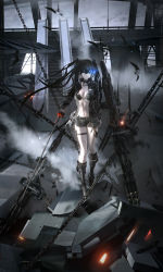 Rule 34 | 1girl, absurdres, arm cannon, bikini, bikini top only, bird, black footwear, black hair, black jacket, black rock shooter, black rock shooter (character), black shorts, blue eyes, blunt bangs, breasts, cell (acorecell), chain, cleavage, escalator, flaming eye, front-tie top, glowing, glowing eye, hair between eyes, hair lift, highres, holding, holding weapon, jacket, large breasts, long hair, navel, open clothes, open jacket, pale skin, shorts, solo, stairs, standing, swimsuit, thigh strap, twintails, uneven twintails, weapon