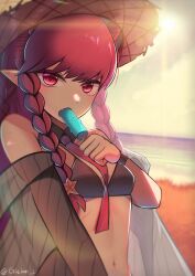 Rule 34 | 1girl, absurdres, arknights, beach, bikini, black bikini, black collar, black jacket, black wristband, blush, braid, breasts, collar, detached collar, fang, food, gician l, hat, highres, holding, holding food, holding popsicle, jacket, long hair, looking at viewer, navel, necktie, off shoulder, official alternate costume, outdoors, pointy ears, popsicle, red eyes, red hair, red necktie, side braids, small breasts, solo, straw hat, sun hat, sunset, swimsuit, upper body, vigna (arknights), vigna (casual vacation) (arknights), water