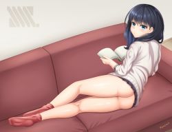 Rule 34 | 10s, 1girl, artist name, ass, black hair, black skirt, blue eyes, blush, book, cardigan, closed mouth, couch, female focus, full body, gridman universe, highres, kneepits, looking at viewer, looking back, lying, no panties, on couch, on side, pleated skirt, shiny skin, skirt, socks, solo, ssss.gridman, takarada rikka, white cardigan, yanows