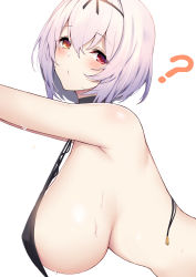 Rule 34 | 1girl, ?, armpits, bare shoulders, bikini, black bikini, black ribbon, borrowed character, breasts, commentary request, from side, hair between eyes, hair ribbon, highres, large breasts, leaning forward, looking at viewer, looking to the side, nakatama kyou, original, red eyes, ribbon, short hair, sideboob, silver hair, simple background, solo, strap gap, sweat, swimsuit, untied bikini, upper body, white background