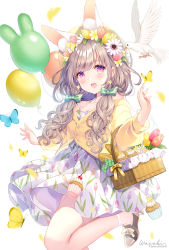 Rule 34 | 1girl, :d, animal, animal ear fluff, animal ears, balloon, basket, beret, bird, blush, bow, bread, breasts, brown hair, bug, butterfly, cleavage, commentary request, cupcake, dress, flower, food, green bow, hair bow, hair flower, hair ornament, hand up, hat, insect, jacket, long hair, long sleeves, looking at viewer, low twintails, medium breasts, open mouth, original, puffy long sleeves, puffy sleeves, purple eyes, rabbit ears, red flower, signature, sleeveless, sleeveless dress, smile, solo, tulip, twintails, twitter username, wasabi (sekai), white dress, white flower, yellow flower, yellow hat, yellow jacket