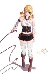 Rule 34 | 1girl, blonde hair, blue eyes, breasts, fairy tail, highres, large breasts, lucy heartfilia, simple background, solo, torn clothes, whip, white background