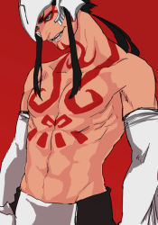 Rule 34 | 1boy, abirama redder, abs, agatsumaattsu, arrancar, bad id, bad pixiv id, black hair, bleach, dark-skinned male, dark skin, facial mark, grin, long hair, low ponytail, male focus, mask, open mouth, red background, simple background, smile, solo, tattoo, toned, topless male, yellow eyes