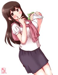 Rule 34 | 1girl, akagi (kancolle), alternate costume, black hair, black shirt, blouse, blush, brown eyes, casual, commentary request, cowboy shot, crepe, dated, food, highres, kanon (kurogane knights), kantai collection, logo, long hair, looking at viewer, pink sweater, shirt, simple background, solo, standing, sweater, sweater around neck, white background, white shirt