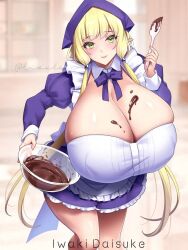 Rule 34 | 1girl, artist name, blonde hair, blurry, blurry background, blush, breasts, chocolate, chocolate on body, chocolate on breasts, cleavage, dot nose, dress, ears down, elf, eyelashes, food on body, gigantic breasts, green eyes, holding, holding spatula, kisuke i, leaning forward, long hair, looking at viewer, pointy ears, puffy short sleeves, puffy sleeves, shiny skin, short sleeves, sidelocks, skindentation, smile, solo, spatula, standing, white dress