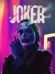 Rule 34 | 1boy, arthur fleck, batman (series), brown eyes, cigarette, clown, copyright name, dc comics, formal, frown, hair slicked back, highres, holding, holding cigarette, jin rou, joker (2019), logo, looking ahead, male focus, realistic, red suit, smoking, solo, suit, the joker, upper body