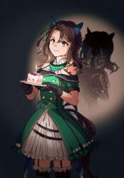 Rule 34 | 1girl, animal ears, birthday cake, black gloves, black thighhighs, brown hair, cake, candle, cowboy shot, dress, ear covers, food, frilled dress, frilled thighhighs, frills, garter straps, gloves, green dress, happy birthday, highres, holding, holding plate, horse ears, horse girl, horse tail, king halo (umamusume), medium hair, plate, ppiyong (vveveet), red eyes, shadow, smile, solo, spotlight, sunglasses, tail, thighhighs, umamusume, veins, x-ray