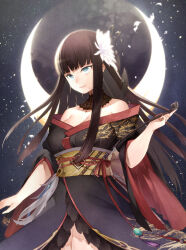 Rule 34 | 1girl, alternate eye color, black collar, black hair, black kimono, blue eyes, blunt bangs, breasts, cleavage, collar, commentary, cowboy shot, crescent moon, english commentary, epiphyllum, final fantasy, final fantasy xiv, floating hair, flower, from side, hair flower, hair ornament, hair stick, hand up, holding, holding smoking pipe, huge moon, japanese clothes, kimono, kiseru, lace collar, large breasts, long hair, medium breasts, mole, mole under mouth, moon, night, night sky, obi, obijime, off shoulder, outdoors, red trim, sash, shiyun, sidelocks, sky, smile, smoking pipe, solo, standing, straight hair, tassel, two-sided fabric, yotsuyu goe brutus