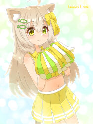 Rule 34 | 1girl, absurdres, ahoge, animal ear fluff, animal ears, artist name, bare shoulders, blue background, blush, bow, brown hair, cat ears, cat girl, cat tail, cheerleader, closed mouth, cowboy shot, crop top, dutch angle, female focus, fish hair ornament, green eyes, hair bow, hair ornament, hairclip, hands up, happy, hazakura hinata, heterochromia, highres, holding, holding pom poms, long hair, looking at viewer, midriff, miniskirt, navel, original, outline, own hands together, pleated skirt, pom pom (cheerleading), pom poms, shirt, sidelocks, signature, skirt, sleeveless, sleeveless shirt, smile, solo, split mouth, standing, stomach, tail, white outline, yellow bow, yellow eyes, yellow shirt, yellow skirt