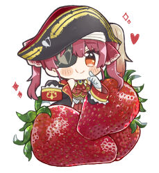 Rule 34 | 1girl, bicorne, black hat, black jacket, black leotard, blush stickers, brown eyes, chibi, commentary, cropped jacket, eyepatch, food, fruit, gloves, hat, heart, heart eyepatch, hololive, houshou marine, jacket, leotard, leotard under clothes, long hair, long sleeves, looking at viewer, pirate hat, red hair, red jacket, red skirt, same anko, simple background, skirt, sleeveless, sleeveless jacket, smile, solo, sparkle, strawberry, twintails, virtual youtuber, white background, white gloves