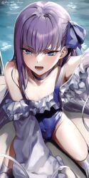 Rule 34 | 1girl, blue choker, blue eyes, blue one-piece swimsuit, blue ribbon, breasts, choker, cleavage, collarbone, covered navel, fate/grand order, fate (series), glaring, hair ribbon, kiya hajime, looking at viewer, meltryllis, meltryllis (fate), meltryllis (swimsuit lancer) (fate), narrowed eyes, one-piece swimsuit, open mouth, pool, pool ladder, poolside, prosthesis, prosthetic leg, purple hair, ribbon, sleeves past fingers, sleeves past wrists, small breasts, solo, swimsuit, teeth, very long sleeves