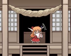 Rule 34 | 1girl, :d, = =, animated, animated gif, bow, chibi, cosplay, detached sleeves, female focus, gohei, hair bow, hakurei reimu, hakurei reimu (cosplay), haniwa, haniwa (leaf garden), horn ornament, horn ribbon, horns, ibuki suika, japanese clothes, lowres, miko, open mouth, ribbon, rope, shimenawa, shrine, smile, solo, touhou