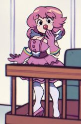 Rule 34 | 1girl, ace attorney, black eyes, breasts, choker, cleavage, cleavage cutout, clothing cutout, clown girl, clown nose, female focus, geiru toneido, gloves, hand to own mouth, high heels, large breasts, long hair, looking at viewer, multicolored clothes, pink hair, pink heels, skirt, solo, speedoru, standing, suspender skirt, suspenders, thick thighs, thighhighs, thighs