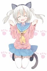 Rule 34 | 1girl, animal ears, bell, blush, cat ears, cat tail, closed eyes, fang, flat chest, hairband, highres, jumping, long sleeves, looking at viewer, open mouth, original, oversized clothes, oversized shirt, pale skin, paw print, pink theme, school uniform, serafuku, shirt, shoes, smile, solo, tail, tantan men (dragon), thighhighs, white background, white hair, white thighhighs, zettai ryouiki