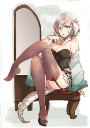 Rule 34 | 1girl, au ra, bare shoulders, blue eyes, braid, breasts, bustier, cleavage, dragon horns, dragon tail, final fantasy, final fantasy xiv, garter belt, hisato ar, horns, large breasts, crossed legs, lips, long hair, looking at viewer, mole, mole under mouth, off shoulder, scales, sitting, solo, tail, thighhighs