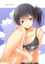 Rule 34 | 1girl, absurdres, alternate costume, arm support, bare arms, bare legs, bare shoulders, barefoot, bikini, black bikini, black eyes, black hair, blue sky, blush, breasts, cleavage, closed mouth, cloud, collarbone, day, dog tags, expressionless, floral print, hair tie, head tilt, highres, hugging own legs, jewelry, jitome, kaga (kancolle), kantai collection, knee up, large breasts, looking at viewer, medium hair, navel, necklace, non-web source, outside border, shiny skin, side-tie bikini bottom, side ponytail, sidelocks, sitting, sky, soles, solo, stomach, swimsuit, toes, toned, tsurime, yua (checkmate)