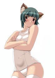 Rule 34 | 1girl, angry, animal ears, blush, brown eyes, crossed arms, face, frown, green hair, nishiyama maruta, one-piece swimsuit, school swimsuit, short hair, solo, swimsuit, thighhighs, white school swimsuit, white one-piece swimsuit, white thighhighs