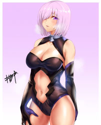 Rule 34 | 1girl, bare shoulders, black gloves, black leotard, breasts, cleavage, clothing cutout, collarbone, elbow gloves, fate/grand order, fate (series), gloves, groin, hair over one eye, highleg, highleg leotard, highres, impossible clothes, kisaragi tsurugi, large breasts, leotard, lips, looking at viewer, mash kyrielight, navel, navel cutout, parted lips, pink background, pink hair, purple eyes, purple gloves, short hair, signature, solo, two-tone gloves