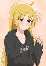 Rule 34 | 1girl, absurdres, ahoge, black hoodie, blonde hair, blush, bocchi the rock!, closed mouth, clothes writing, collarbone, commentary, dot nose, drawstring, english commentary, highres, holding, holding own hair, hood, hood down, hoodie, ijichi seika, long hair, long sleeves, looking at viewer, orange background, playing with own hair, red eyes, simple background, sleeves past wrists, solo, thundradrawings, upper body, very long hair