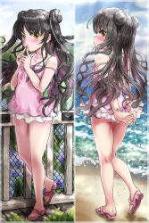Rule 34 | 1girl, arms behind back, ass, babydoll, back, bare shoulders, beach, black hair, blue sky, blush, breasts, chest tattoo, chunyan, closed mouth, day, double bun, dress swimsuit, facial mark, fate/grand order, fate (series), fence, flower, forehead mark, full body, hair bun, highres, legs, long hair, looking at viewer, looking back, multicolored hair, multiple views, ocean, one-piece swimsuit, parted bangs, pink babydoll, pink hair, pink one-piece swimsuit, sandals, sessyoin kiara, sessyoin kiara (lily), shore, sky, small breasts, streaked hair, swimsuit, tattoo, wavy hair, yellow eyes