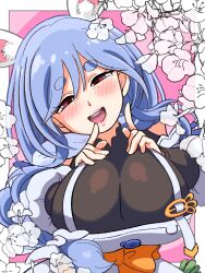 Rule 34 | 1girl, animal ears, apron, black bodysuit, blue hair, blush, bodysuit, braid, braided ponytail, breasts, brown eyes, cleavage, detached sleeves, hands on own chest, highres, hololive, ketsumoa, large breasts, long hair, looking at viewer, mature female, open mouth, pekomama, rabbit ears, rabbit girl, short eyebrows, smile, teeth, upper teeth only, virtual youtuber, white apron, white hair, white sleeves