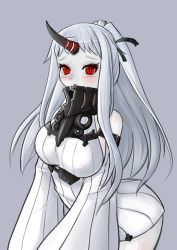 Rule 34 | 10s, 1girl, abyssal ship, blush, breasts, cowboy shot, female focus, hair ribbon, highres, horns, kantai collection, kuronekozero, large breasts, long hair, looking at viewer, open mouth, ponytail, red eyes, ribbon, seaport princess, single horn, solo, white hair