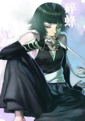 Rule 34 | 00s, 1girl, bare shoulders, black hair, bleach, blunt bangs, breasts, cuson, detached sleeves, facing viewer, gloves, green hair, japanese clothes, kimono, knee up, licking, long hair, looking at viewer, no bra, pale skin, short hair with long locks, sitting, small breasts, smile, solo, sui-feng, tongue, translation request, twintails, weapon, yukata