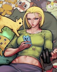 Rule 34 | &lt;o&gt; &lt;o&gt;, 1girl, :3, artist name, ayaki blade, azumanga daiou, blonde hair, blue eyes, breasts, cammy white, cat, cellphone, character charm, character doll, charm (object), commentary request, creatures (company), dumbbell, exercising, game freak, garfield, garfield (character), gen 1 pokemon, groin, highres, holding, holding phone, lying, medium breasts, medium hair, meowth, mihama chiyo&#039;s father, navel, nintendo, on back, phone, pokemon, smartphone, smartphone case, street fighter, street fighter 6, toned, twitter username, watermark