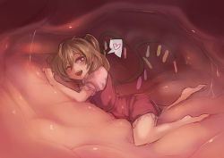 Rule 34 | 1girl, barefoot, blonde hair, dress, flandre scarlet, heart, heart-shaped pupils, inside creature, lying, on stomach, one eye closed, open mouth, red dress, short hair, side ponytail, solo, spoken heart, stomach (organ), symbol-shaped pupils, touhou, utopia, vore, wings