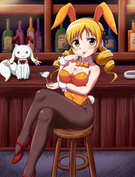 Rule 34 | 10s, 1girl, :p, animal ears, bar (place), black pantyhose, blonde hair, bottle, brown pantyhose, chalice, crossed legs, cup, drill hair, fake animal ears, high heels, indoors, kyubey, leotard, long hair, mahou shoujo madoka magica, mahou shoujo madoka magica (anime), maru takeo, pantyhose, playboy bunny, rabbit ears, rabbit tail, sexually suggestive, sitting, sleeveless leotard, stool, suggestive fluid, tail, tomoe mami, tongue, tongue out, twin drills, twintails
