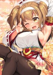 Rule 34 | 1girl, ;d, arm up, armpits, black pantyhose, breasts, brown hair, commentary request, cosplay, detached sleeves, feet out of frame, hairband, hand up, highres, i-26 (kancolle), inari one (fields of gold) (umamusume), inari one (umamusume), inari one (umamusume) (cosplay), kantai collection, large breasts, long hair, long sleeves, looking at viewer, one eye closed, open mouth, pantyhose, shirt, sideboob, sleeveless, sleeveless shirt, smile, solo, twintails, umamusume, white hairband, white shirt, yasume yukito, yellow eyes