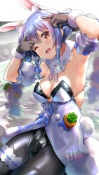 Rule 34 | 1girl, animal ear fluff, animal ears, armpits, black gloves, black pantyhose, blue hair, braid, breasts, bridal garter, carrot hair ornament, cleavage, commentary request, food-themed hair ornament, fur scarf, gloves, hair ornament, highres, hololive, long hair, looking at viewer, medium breasts, multicolored hair, nonohachi, one eye closed, open mouth, pantyhose, rabbit-shaped pupils, rabbit ears, rabbit girl, rabbit tail, red eyes, smile, solo, symbol-shaped pupils, tail, thick eyebrows, twin braids, two-tone hair, usada pekora, usada pekora (1st costume), virtual youtuber, white hair