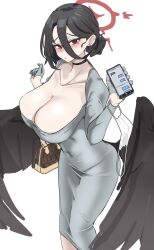 Rule 34 | 1girl, absurdres, alternate costume, black hair, black wings, blue archive, breasts, cellphone, cellphone photo, cleavage, collarbone, commentary, cropped jacket, dongtan dress, dress, feathered wings, grey dress, grey jacket, hair bun, halo, hasumi (blue archive), highres, holding, holding phone, huge breasts, jacket, large breasts, long hair between eyes, looking at viewer, meme attire, mole, mole under eye, phone, red eyes, red halo, scoop neck, simple background, single side bun, solo, taut clothes, taut dress, white background, wings, xvb259