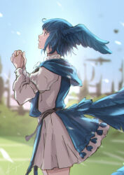 Rule 34 | 1girl, belt, bird girl, bird tail, bird wings, blue capelet, blue eyes, blue hair, blue sky, blurry, blurry background, capelet, clear sky, collared dress, commentary, cowboy shot, day, dress, feathered wings, final fantasy, final fantasy xiv, from side, hands up, head wings, highres, kazunokabeff, looking afar, looking ahead, meteion, open mouth, outdoors, own hands clasped, own hands together, praying, profile, short hair, sky, solo, standing, tail, tassel, white dress, wings