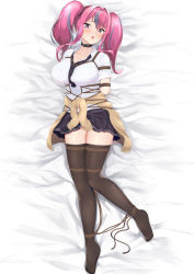 Rule 34 | 1girl, azur lane, baltimore (after-school ace) (azur lane), baltimore (azur lane), baltimore (azur lane) (cosplay), bed sheet, beige cardigan, black collar, black necktie, black skirt, black thighhighs, blush, bound, bound arms, bound legs, breasts, bremerton (azur lane), cardigan, cardigan around waist, cleavage, clothes around waist, collar, collarbone, collared shirt, commentary request, cosplay, full body, grey hair, hair between eyes, hair intakes, highres, large breasts, long hair, looking at viewer, loose necktie, lying, mole, multicolored hair, necktie, ochikata kage, on back, open mouth, partial commentary, pink eyes, pink hair, pleated skirt, rope, school uniform, shibari, shibari over clothes, shirt, short sleeves, sidelocks, skindentation, skirt, solo, streaked hair, teeth, thighhighs, tied up, twintails, two-tone hair, upper teeth only, white shirt