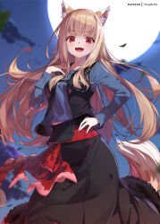 Rule 34 | 1girl, :d, animal ears, blush, breasts, cloud, full moon, highres, holo, hong (white spider), light brown hair, long hair, long sleeves, looking at viewer, moon, night, night sky, open mouth, outdoors, patreon username, red eyes, sky, smile, solo, spice and wolf, tail, wolf ears, wolf girl, wolf tail
