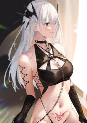 Rule 34 | 1girl, bare shoulders, black gloves, blue eyes, breasts, chain, chain leash, chain, choker, cleavage, covered erect nipples, demon girl, gloves, hair ornament, highleg, highleg panties, leash, long hair, looking away, medium breasts, navel, original, panties, pubic tattoo, revealing clothes, silver hair, smile, solo, stomach, suzuame yatsumi, tattoo, underwear, upper body