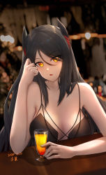 Rule 34 | 1girl, absurdres, alternate costume, arknights, bare arms, bare shoulders, black hair, breasts, commentary request, cup, dated, drinking glass, hair between eyes, hand up, highres, horns, ines (arknights), long hair, looking at viewer, medium breasts, orange eyes, parted lips, partial commentary, solo, upper body, yiyi