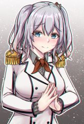 Rule 34 | 1girl, aga marino, bad id, bad twitter id, blue eyes, breasts, buttons, epaulettes, fingers together, gradient background, grey background, jacket, kantai collection, kashima (kancolle), large breasts, long hair, long sleeves, looking at viewer, military jacket, neckerchief, red neckerchief, sidelocks, silver hair, solo, twintails, upper body, wavy hair, white jacket