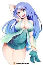 Rule 34 | 1girl, aqua dress, artist name, blue eyes, blue hair, boku no hero academia, bracelet, breasts, dress, hadou nejire, high heels, highres, holding, holding shoes, hot vr, jewelry, large breasts, long hair, looking at viewer, open mouth, patreon username, shiny clothes, shoe soles, shoes, unworn shoes, simple background, solo, white background