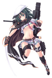 Rule 34 | 10s, 1girl, ammunition belt, breasts, cape, eyepatch, full body, gloves, green eyes, green hair, hat, highres, kantai collection, kiso (kancolle), kiso kai ni (kancolle), matching hair/eyes, midriff, navel, sailor hat, solo, sword, takayuuki, thighhighs, turret, underboob, weapon