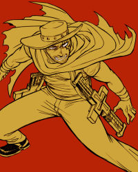 Rule 34 | 1boy, cape, cowboy, cowboy western, feriowind, flat color, hat, livio the doublefang, male focus, pants, red background, simple background, solo, tattoo, trigun, western