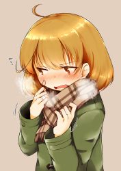 Rule 34 | 10s, 1girl, alternate costume, bandaid, bandaid on face, blush, breath, brown eyes, brown hair, brown scarf, commentary request, fang, flying sweatdrops, green jacket, highres, jacket, kantai collection, long sleeves, nassukun, oboro (kancolle), open mouth, scarf, short hair, solo