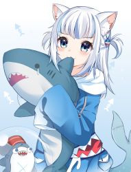Rule 34 | 1girl, :3, absurdres, animal ear fluff, animal ears, biting, bloop (gawr gura), blue background, blue eyes, blue hair, blue hoodie, blush, cat ears, commentary, drawstring, fang, fins, fish tail, gawr gura, gawr gura (1st costume), gradient background, hair ornament, highres, hololive, hololive english, hood, hood down, hoodie, ikea shark, long sleeves, looking at viewer, multicolored hair, rinringyo, shark tail, sharp teeth, silver hair, sleeves past fingers, sleeves past wrists, streaked hair, stuffed animal, stuffed shark, stuffed toy, tail, teardrop, teeth, two side up, virtual youtuber, white background