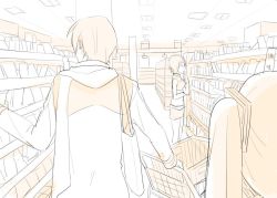 Rule 34 | 1boy, 2girls, bag, coat, crop top, finger to own chin, hair ornament, hatsune miku, indoors, kaito (vocaloid), meiko (vocaloid), monochrome, multiple girls, nokuhashi, over shoulder, pushing cart, scarf, shelf, shop, shopping, shopping cart, sketch, skirt, standing, thinking, twintails, vocaloid