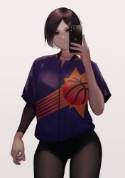 Rule 34 | 1girl, absurdres, bad id, bad pixiv id, black eyes, black pants, brown hair, cellphone, contrapposto, cowboy shot, detached sleeves, hair ornament, hairclip, highres, holding, holding phone, iphone, jersey, national basketball association, original, pants, parted bangs, phoenix suns, phone, selfie, short hair, single detached sleeve, smartphone, solo, sportswear, standing, tight clothes, tight pants, white background, yoga pants, zaki (zaki btw)