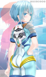 Rule 34 | 1girl, absurdres, alice gear aegis, armor, artist request, blue eyes, blue hair, blush, bodysuit, expressionless, eyebrows hidden by hair, from behind, hand on own hip, headgear, highres, looking at viewer, looking back, mecha musume, nina kalinina, shiny clothes, shiny skin, short hair, solo