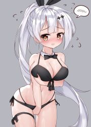 Rule 34 | 1girl, absurdres, bad id, bad pixiv id, bare arms, bare shoulders, bikini, black bow, black bowtie, black ribbon, blush, bow, bowtie, breast hold, breasts, brown eyes, cleavage, collar, covering privates, covering crotch, detached collar, five-seven (cruise queen) (girls&#039; frontline), five-seven (girls&#039; frontline), flying sweatdrops, front-tie bikini top, front-tie top, girls&#039; frontline, grey background, grey hair, hair ribbon, high ponytail, highres, large breasts, long hair, looking at viewer, nose blush, official alternate costume, parted lips, ponytail, ribbon, side-tie bikini bottom, sidelocks, simple background, skindentation, solo, spoken blush, swimsuit, tandohark, thigh strap, very long hair, wavy mouth, white collar, wing collar