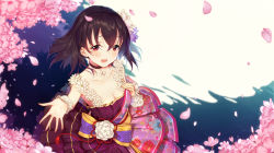 Rule 34 | 1girl, :d, black hair, blush, breasts, cherry blossoms, choker, cleavage, collarbone, dress, flower, fujiwara hajime, hair between eyes, highres, idolmaster, idolmaster cinderella girls, idolmaster cinderella girls starlight stage, jewelry, layered dress, long hair, looking at viewer, medium breasts, open mouth, pink flower, purple dress, red eyes, red ribbon, reflecting pool, reflection, reflective water, ribbon, ring, sleeveless, sleeveless dress, smile, solo, white flower, wrist cuffs, wukloo